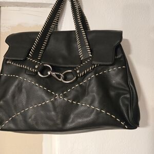 Black Leather Stitch-Trim Shoulder Bag